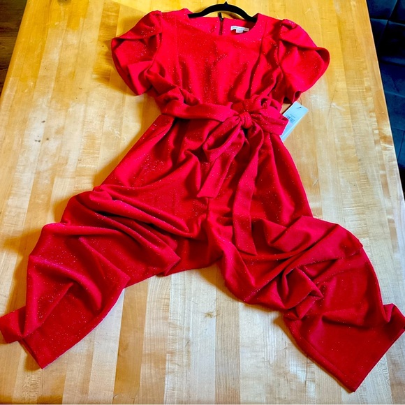 Calvin Klein Sz 10 Vibrant Red Slinky, Sparkly Jumpsuit, Zippered Back, Tie Belt - Picture 16 of 16